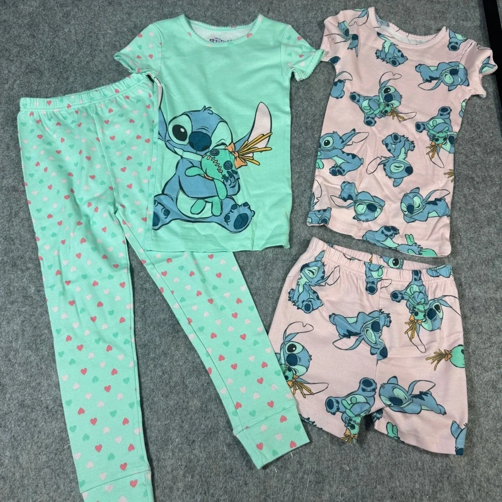 Disney Stitch Girls 4 Piece Pajama Set Mint Green Pink Hearts Size 6 Cotton